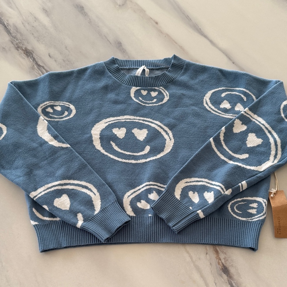 NWT DREAMERS BY DEBUT Blue Smiley Face Sweater